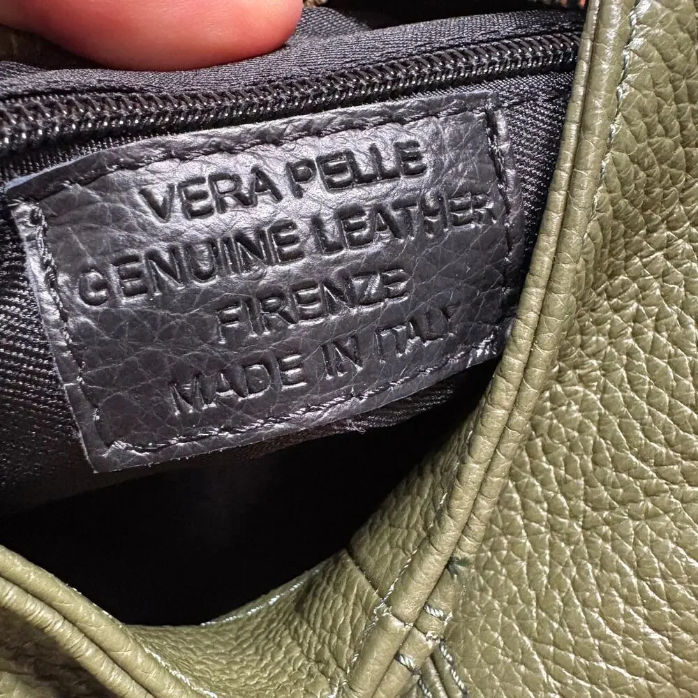 Vera Pelle Gold Top Handle Hobo Bag Army Green Genuine Leather Zip Pocket Italy